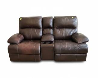 Brown Leather Dual Reclining Loveseat with Console
