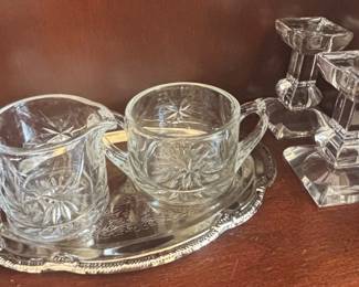 Assorted Glassware Collection including Brandy Snifters, Martini Glasses, Shot Glasses, Tumblers, and Crystal Creamer & Sugar Set