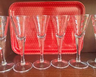 Assorted Glassware Collection including Brandy Snifters, Martini Glasses, Shot Glasses, Tumblers, and Crystal Creamer & Sugar Set