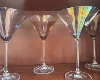 Assorted Glassware Collection including Brandy Snifters, Martini Glasses, Shot Glasses, Tumblers, and Crystal Creamer & Sugar Set