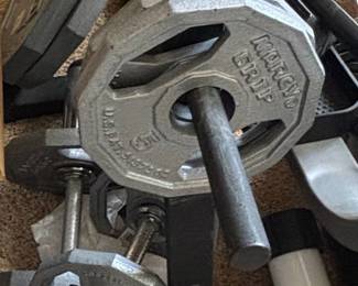 Assorted Dumbbells and Weight Plates including Marcy Grip