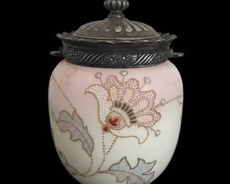 Mt. Washington Victorian Art Glass Biscuit Jar with Metal Mounts