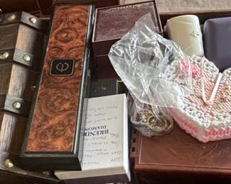 Vintage Jewelry Box with Assorted Costume Jewelry and Pearl Band Watch