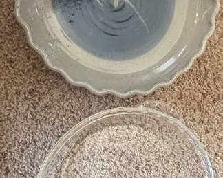 Handmade Ceramic Pie Plate with Abstract Blue and White Glaze and Clear Glass Lid