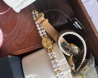 Vintage Jewelry Box with Assorted Costume Jewelry and Pearl Band Watch