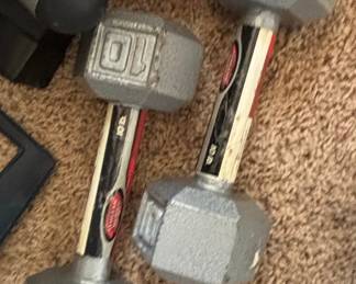 Assorted Dumbbells and Weight Plates including Marcy Grip