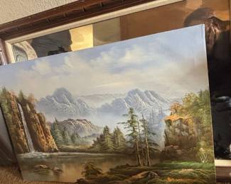 R. Boren Landscape Oil Painting with Waterfall and Mountains