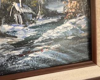 Winter Landscape Painting with Cabin