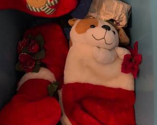 Christmas Stockings with Plush Dog and Reindeer Decorations