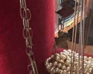 Vintage Jewelry Box with Assorted Costume Jewelry and Pearl Band Watch