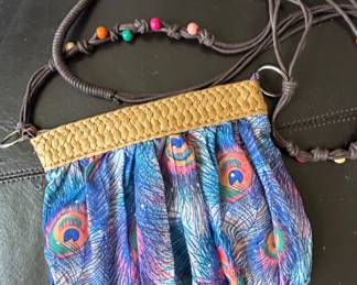 Bohemian Style Peacock Feather Print Clutch/Crossbody Bag with Wooden Beads