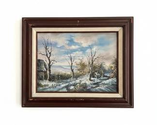 Winter Landscape Painting with Cabin