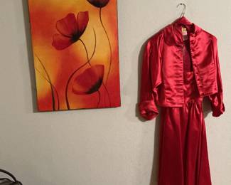 Vintage red satin dress with bolero jacket.