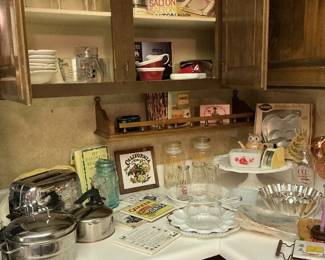 Vintage Toaster, vintage cake pans, vintage cake stand tea kettle.