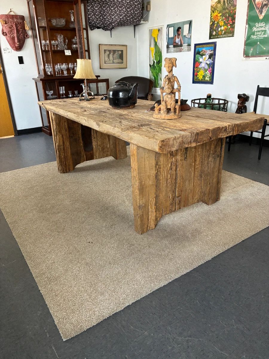 Rustic dining table, Display cabinet with Waterford crystal, Posters