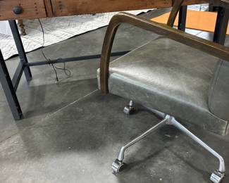 Burled wood desk with keyboard and iron legs