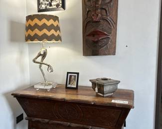 1800's Bread Maker, African wooden mask, Pewter Rooster Table Lamp