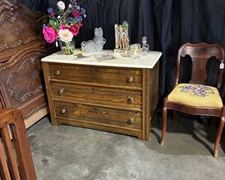 Antique dresser with marble top, Hand carved twin head & foot board, vintage side chair
