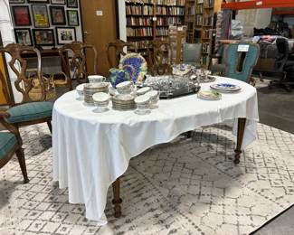 Key Hole back dining chairs (2) Arms, (4) Sides, Royal Daulton china, Fitz & Floyd pitcher and plate, tray with glass ware