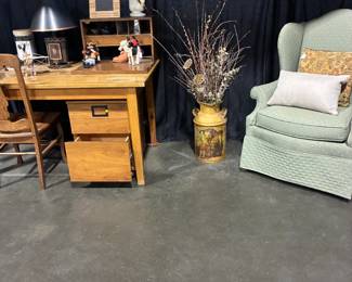 Table desk with file cabinet, Wing chair, Painted Milk Can with branches