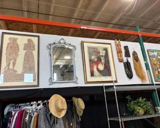 Brass Rubbing, Silver framed mirror, "Woman with Red Hair" by Alvar, masks