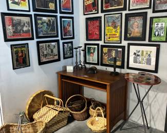 Framed Lobby Cards, Computer desk, Baskets