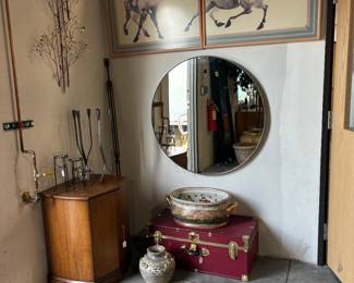 Diptych of Horses, trunk, Chinese planter, round mirror, End table, Brass leaves wall hanging