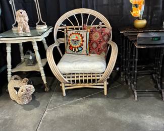 Bamboo lounge chair, Asian stack tables (4), Vintage side table on Ball and Claw casters, Kitty cat foot stool