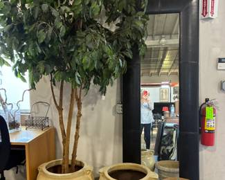 Indoor/Outdoor planters, Leather framed floor mirror, Artificial tree
