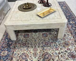 Faux stone coffee table, Hand knotted rug made in India