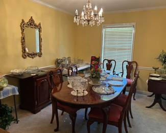 Mirror, servers, queen anne dining table and chairs, crystal, florals, glassware