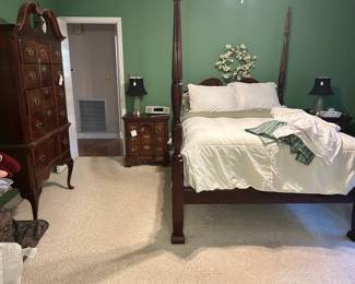rice carved queen poster bed, nightstands, lamps, Bose, highboy