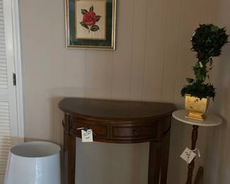 half round table, topiary, lampshades, fern stand