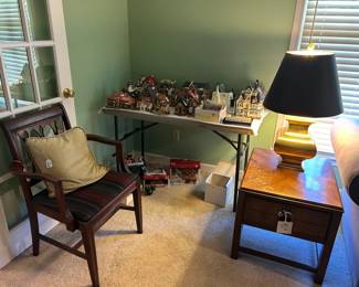 chair, christmas villages, lamp, end table