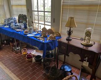 blue and white, baskets, lamps, clock