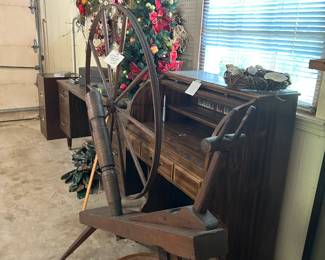 antique spinning wheel, desks
