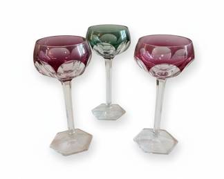 Bohemian Overlay Crystal Wine Glasses, Set of 3 - Amethyst, Emerald, and Ruby