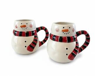 Pier 1 Hand-Painted Dolomite Snowman Mugs (Set of 2)