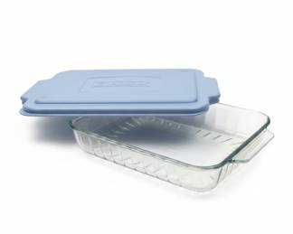Anchor Hocking glass rectangular baking dish with a matching blue plastic lid, 3qt