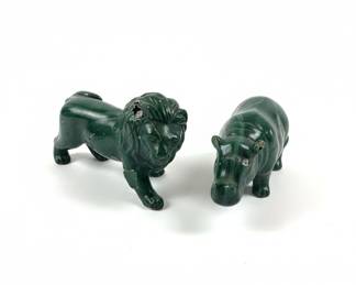Malachite Lion and Rhinoceros Figurines