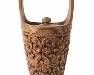 Vintage Hand Carved Wood Lidded Bucket