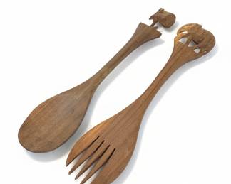 Hand Carved Wooden Salad Servers with Elephant and Monkey Motifs