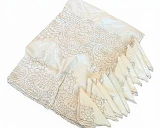 Vintage Madeira Hand Embroidered Linen Tablecloth and Napkin Set
