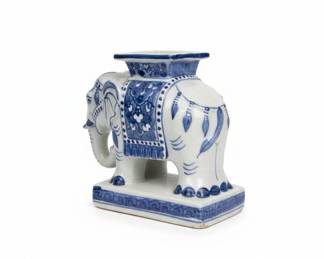 Blue and White Chinoiserie Ceramic Elephant Planter