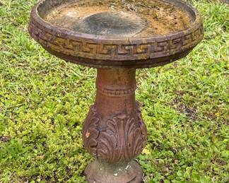 Cast Iron Acanthus Leaf and Greek Key Pedestal Bird Bath