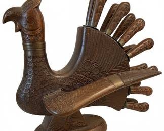 Vintage Carved Wood Pheasant or Turkey Knife Set with Block