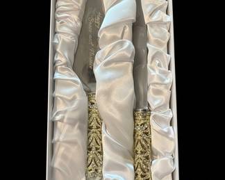 Engraved Wedding Cake Knife and Server Set with Rhinestone Handles