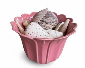 Pink Scalloped Ceramic Bowl with Assorted Seashells