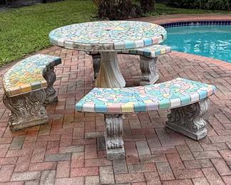 Mosaic Tiled Patio Dining Set with Pedestal Table and Benches