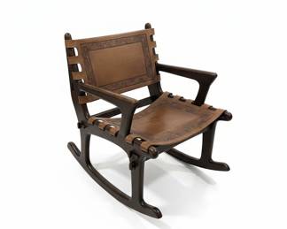 Angel Pazmino Leather and Wood Rocking Chairs  Set of 2 ~ some pegs missing